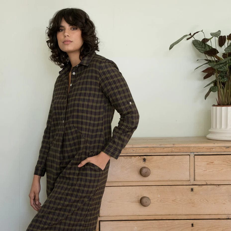 Bibico Women's Dress Dark Sage / 10 UK Cotton Flannel Shirt Dress - Alexa