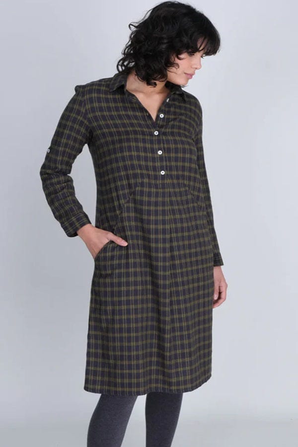 Bibico Women&#39;s Dress Dark Sage / 10 UK Cotton Flannel Shirt Dress - Alexa