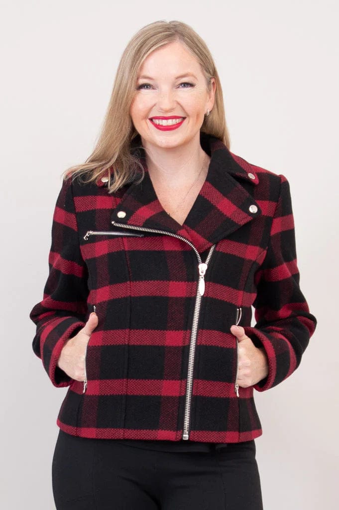 Blue Sky Women&#39;s Sweater Red Plaid / S Wool Blend Moto Jacket - Ronnie