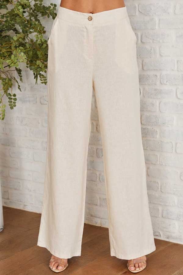 Milio Milano Women&#39;s Long Sleeve Top Cream / S Wide Leg Linen Pants- High Waist