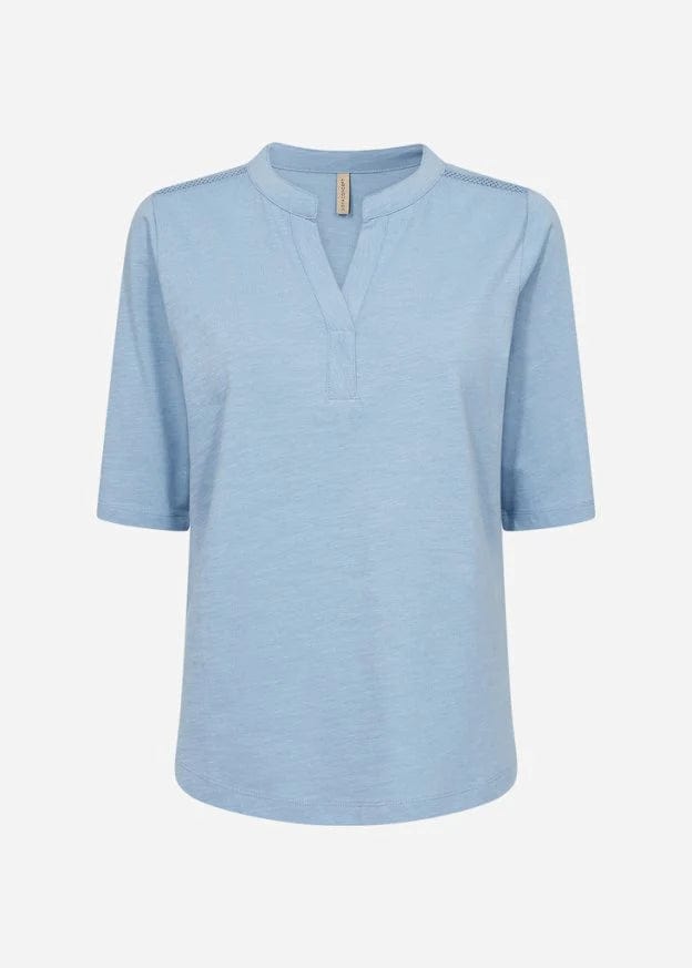 SoyaConcept Women&#39;s Short Sleeve Top Crystal Blue / S 100% Organic Cotton  Top- Lace Shoulder