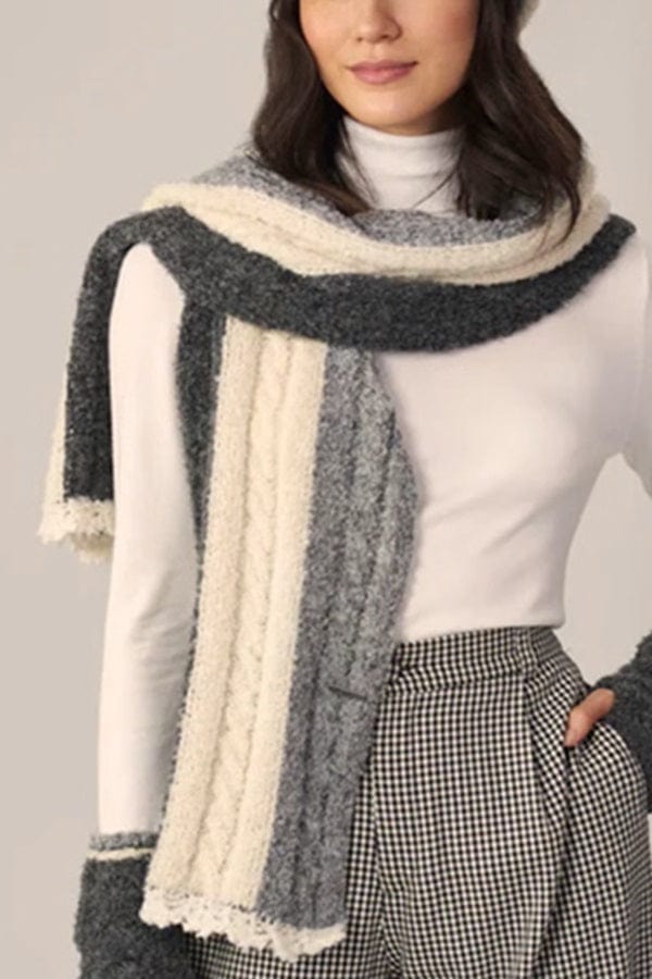 Wuaman Hat women White Grey Charcoal / Scarf Alpaca Boucle Set