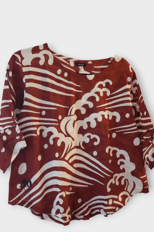 Yasuko Women&#39;s Long Sleeve Top Maroon print / S/M Printed Light Cotton Blouse - Essential 176