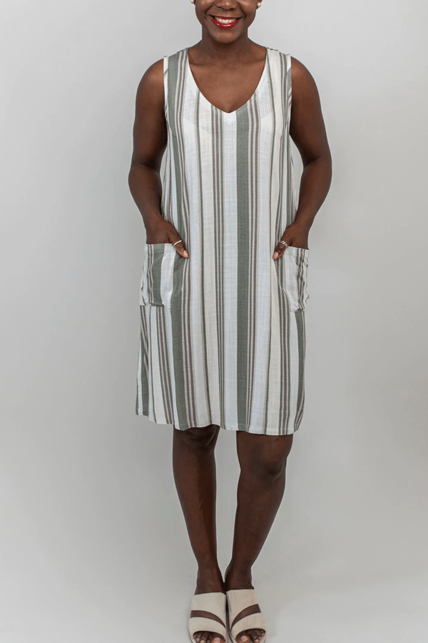 Blue Sky Women&#39;s Dress Khaki Stripes / M Linen/Bamboo Blend Dress Felicia - Khaki Stripe