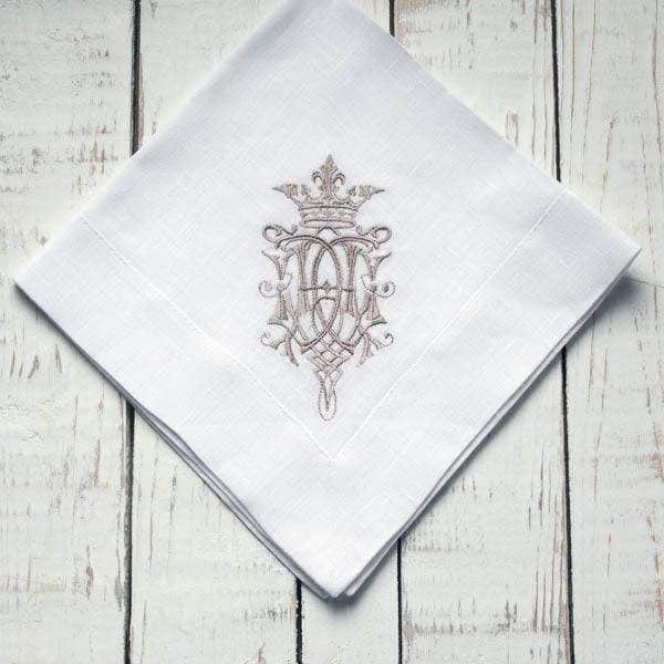 Crown Linen Home White Taupe Linen Napkin Embroidered - Royal