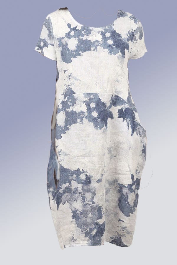 Lands Downunder Women&#39;s Dress Ivory Waterfall / S Italian Linen Dress Short Sleeve - Watercolor
