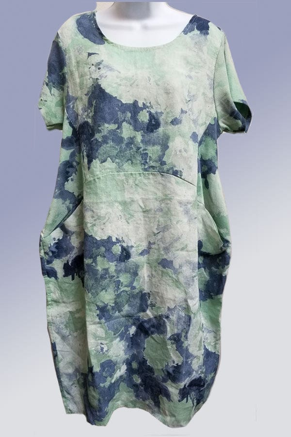 Lands Downunder Women&#39;s Dress Seaglass / S Italian Linen Dress Short Sleeve - Watercolor