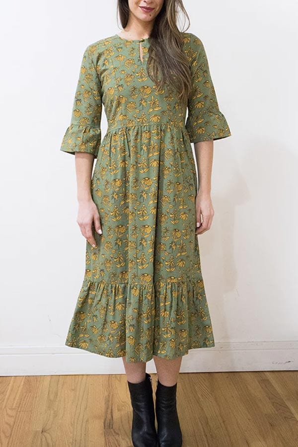 Mata Traders Women's Dress Green Floral / S Midi Ruffled Cotton Dress - Rachelle