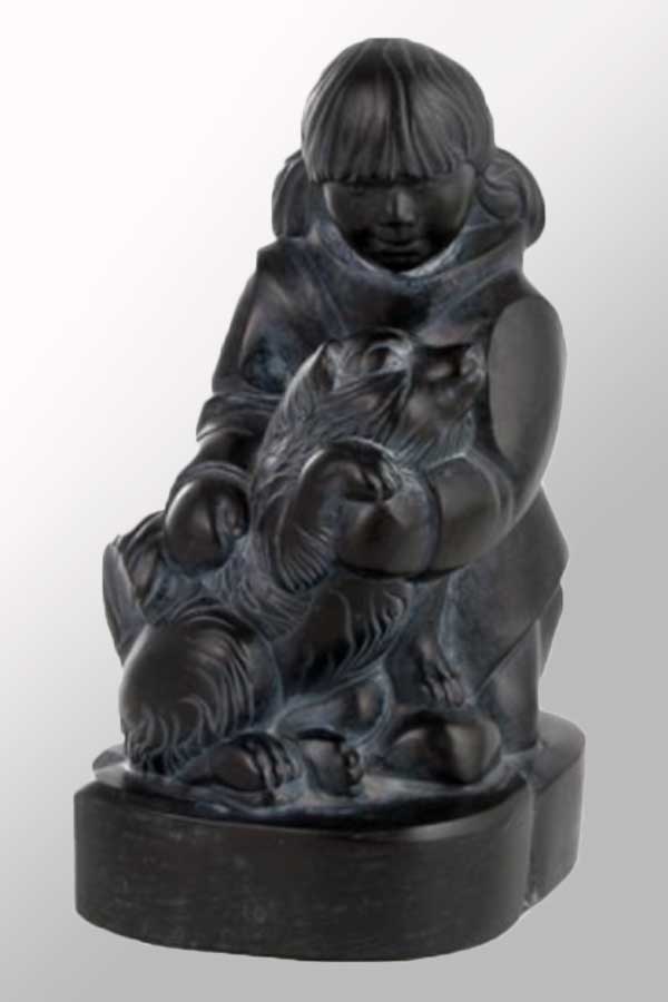 Panabo sculpture black / small Girl and Husky Sculpture - First Nations Art