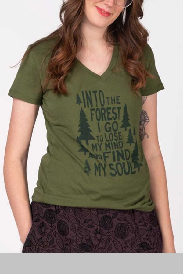 Soul Flower Women&#39;s Short Sleeve Top Eco Friendly V-neck Tshirt - Into The Forest