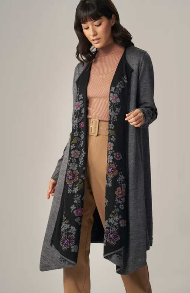 Wuaman Women's Sweater Grey / M Alpaca Blend Coat Embroidered - Open