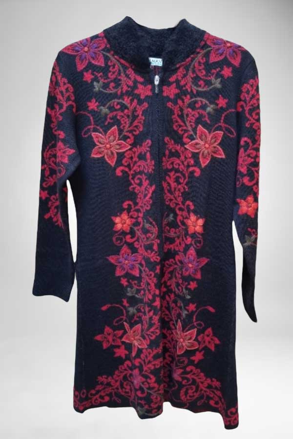 Wuaman Women's Sweater Red / M Alpaca Blend Coat with Embroidery - Zipped