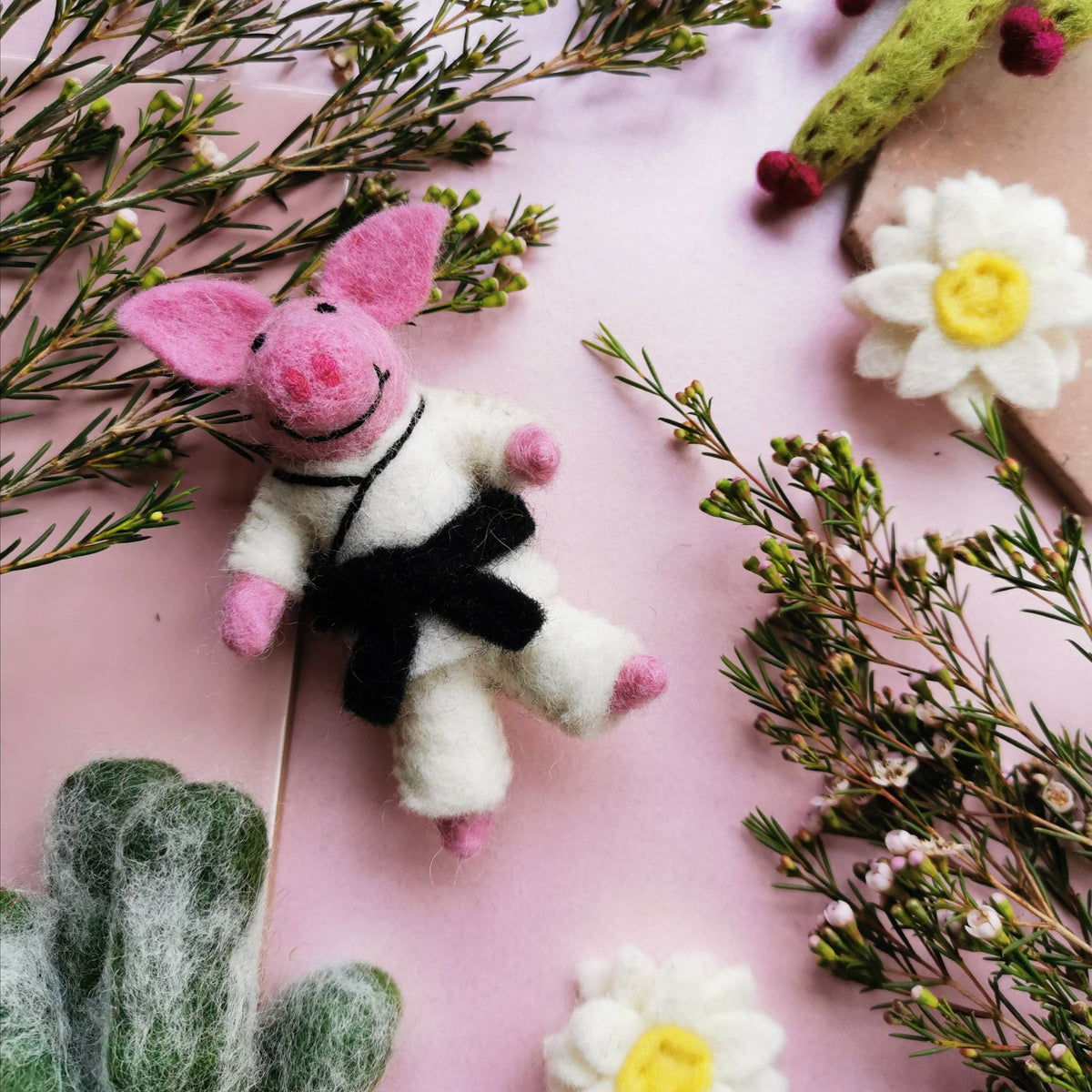Handmade Felt Decoration Karate Pig or Skiing Sheep
