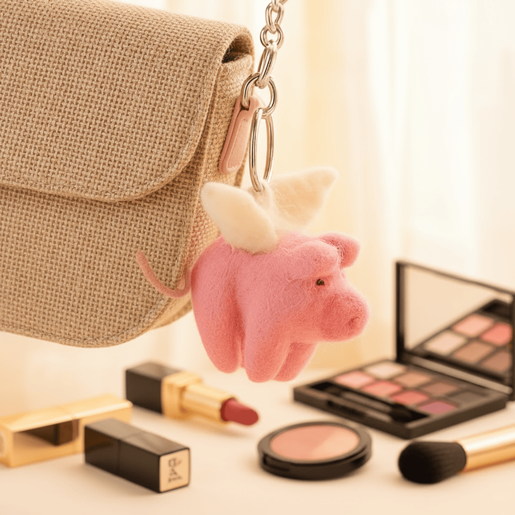 Pink pig keychain with white wings on a white background
