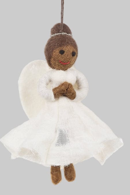 Decorative angel ornament with a brown hair bun on a white background