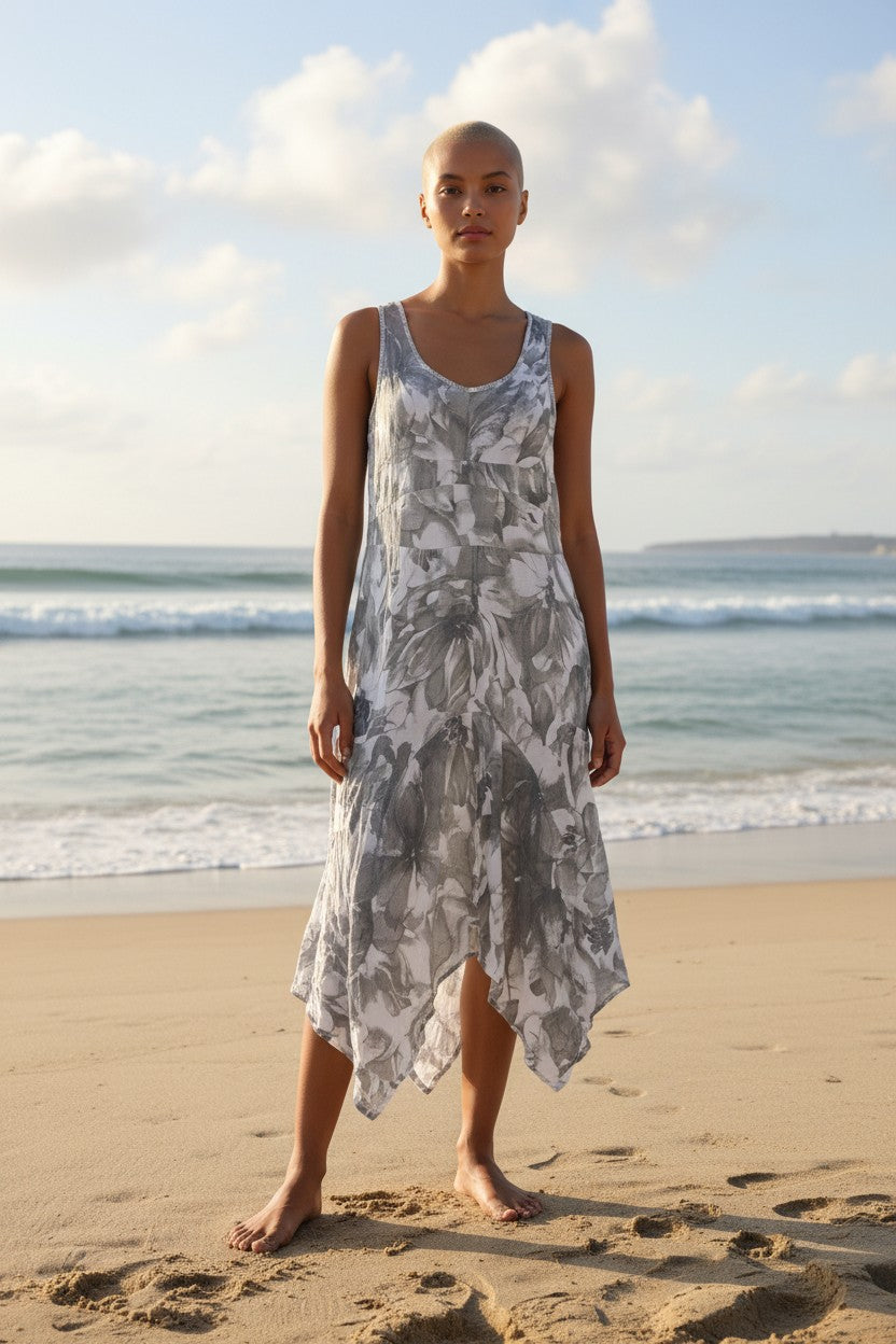 Italian Linen Magic Sleeveless Dress by Inizio - Flowers - Natural Clothing Company