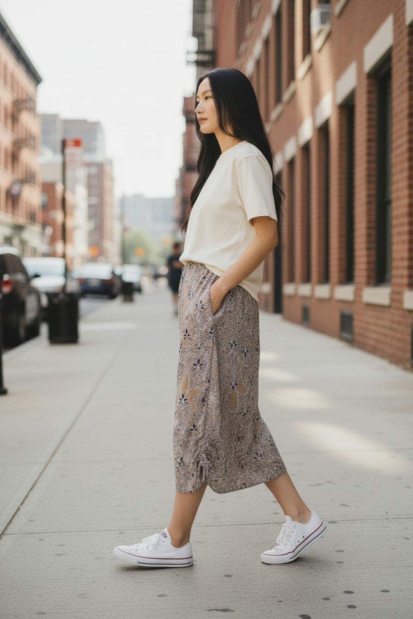 Light Cotton Summer Skirt - tan/navy print