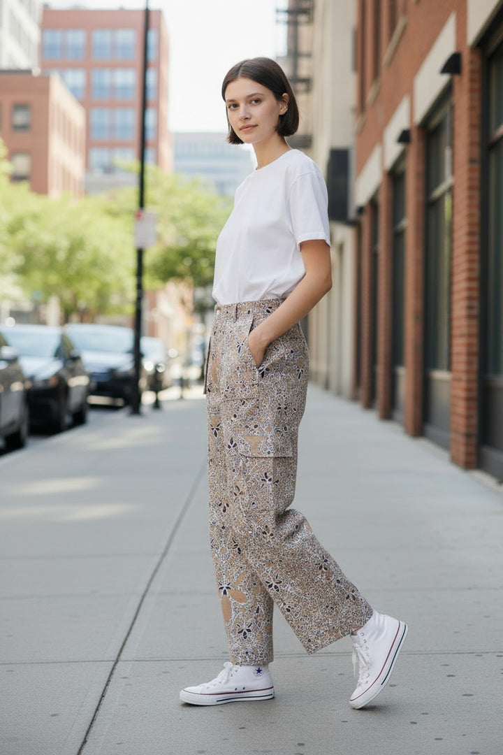 Light Cotton Summer Pants - tan/navy print