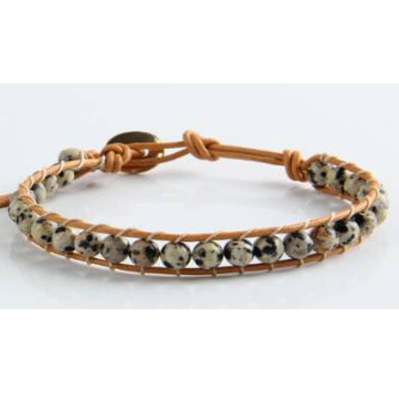 Artisans de Madagascar Bracelet Jaspe Dalmatien Billes 6 mm &amp; Cuir