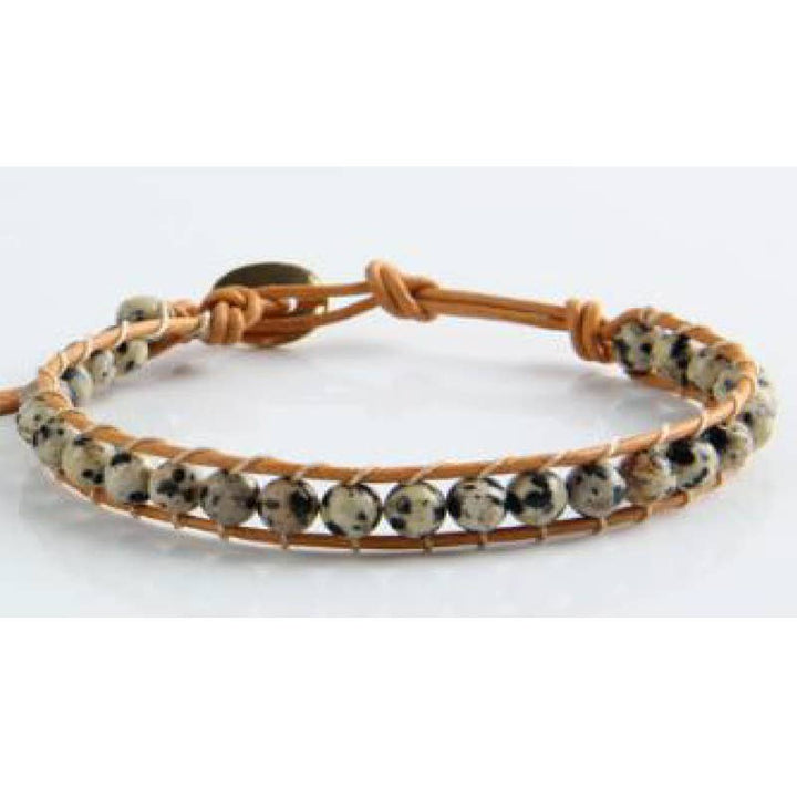 Artisans de Madagascar Bracelet Jaspe Dalmatien Billes 6 mm &amp; Cuir