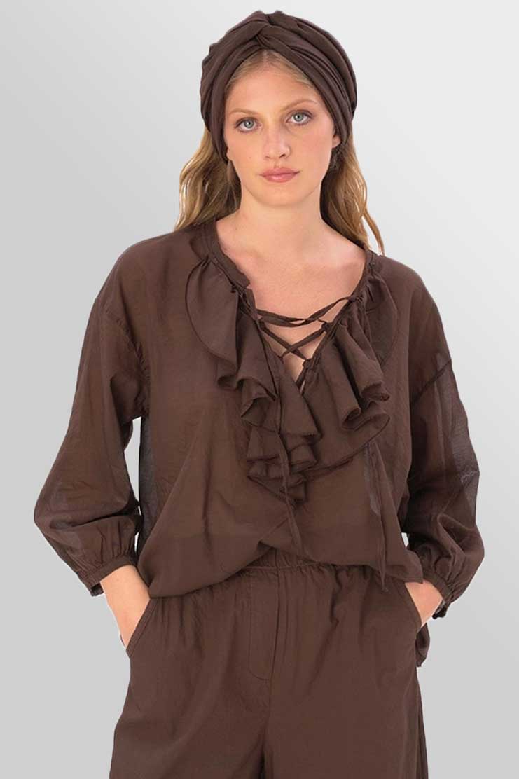 Baci & Amici Fashion - US Continental Women's Long Sleeve Top Chocolate / S Tie Ruffled Collar Cotton Shirt