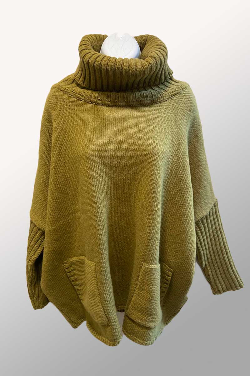 Bibico Women&#39;s Sweater Moss / XS Merino Wool Cowl Neck - Adele