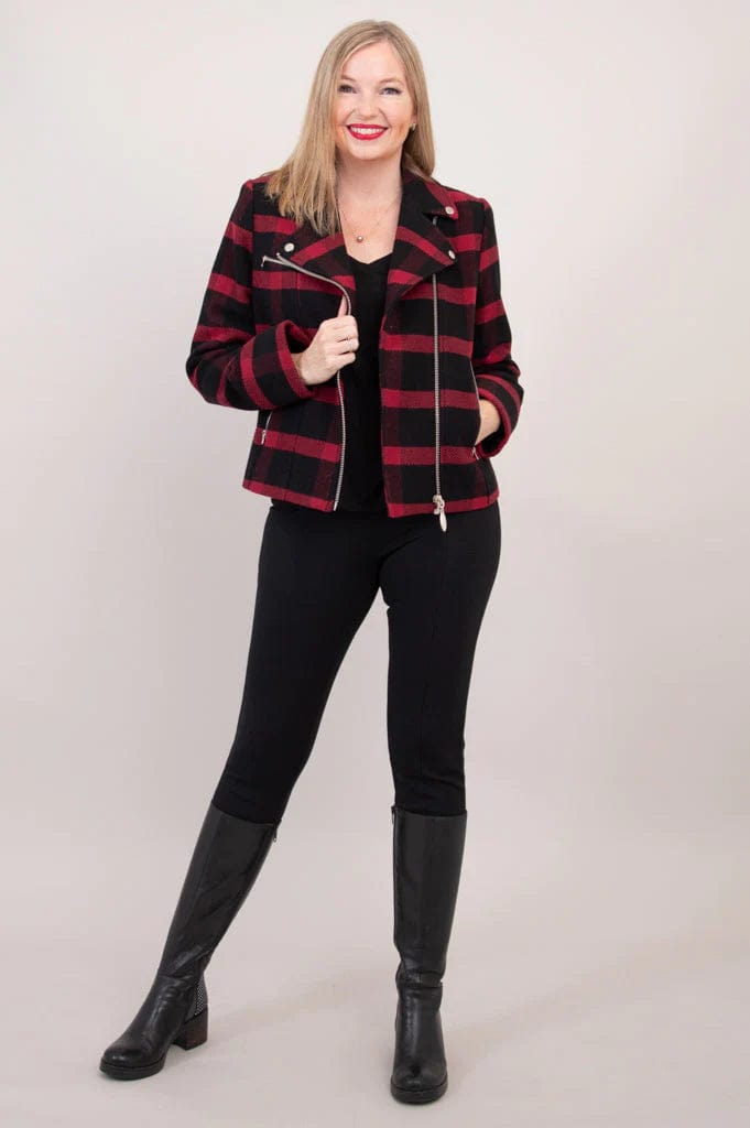 Blue Sky Women's Sweater Red Plaid / S Wool Blend Moto Jacket - Ronnie