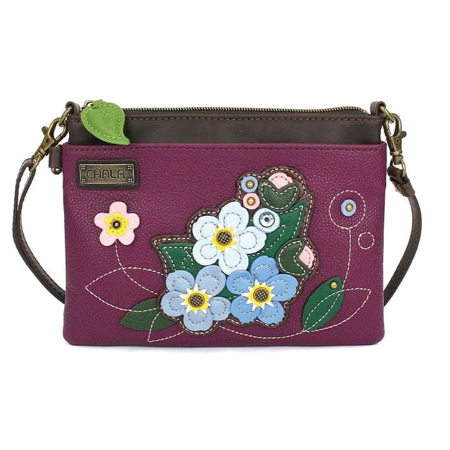 Chala purse Purple Forget Me Not Flowers / mini Vegan Leather purse - Cross Body Horizontal Animals