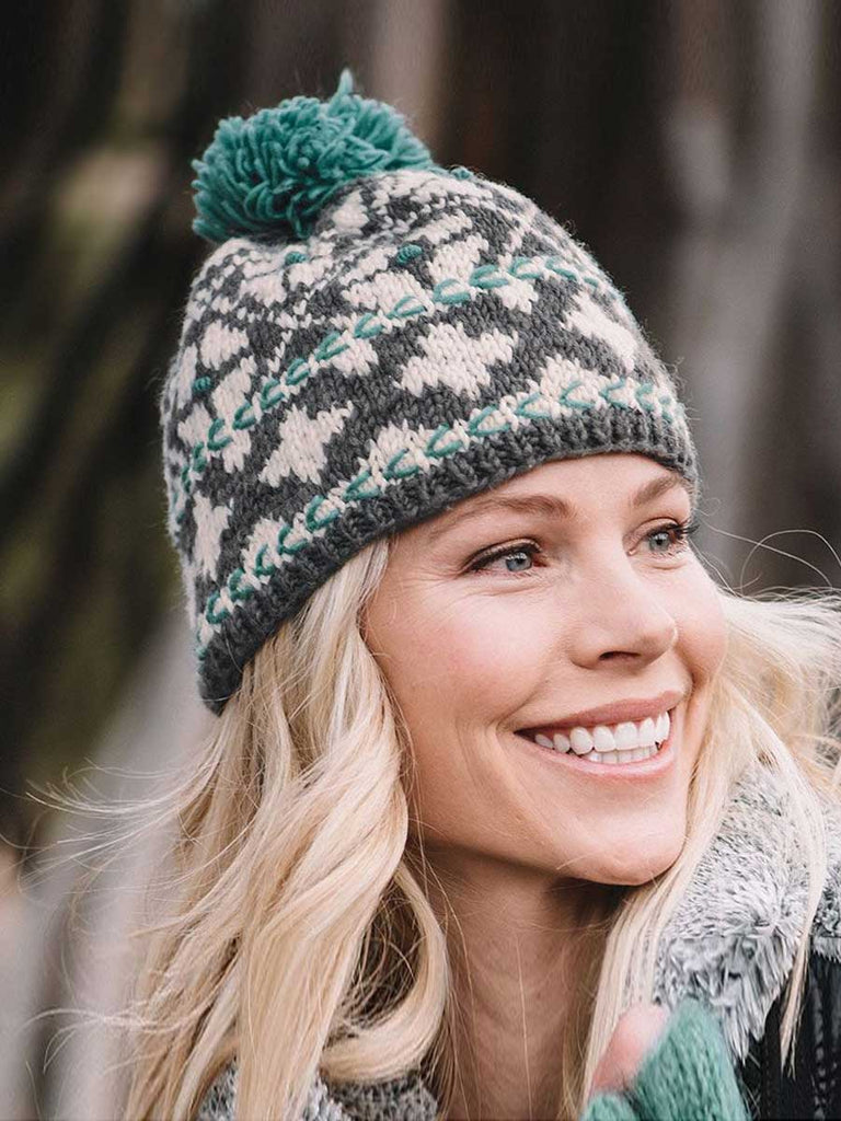 Wool Hat (Beanie) Faux Pom Pom & Icelandic Design Icelandic Knit Wool Double Cuff Beanie Hat with Finn Raccoon  main image 4