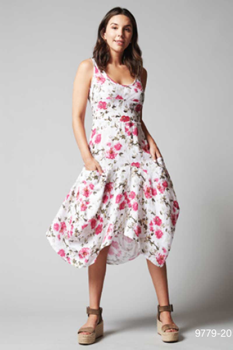 Inizio Women's Dress Floral Fuscia / L Italian Linen Dress by Inizio - Magic sleeveless