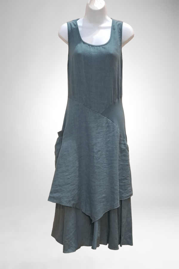 M Made in Italy Linen Asymmetric Summer Dress Flared Blue