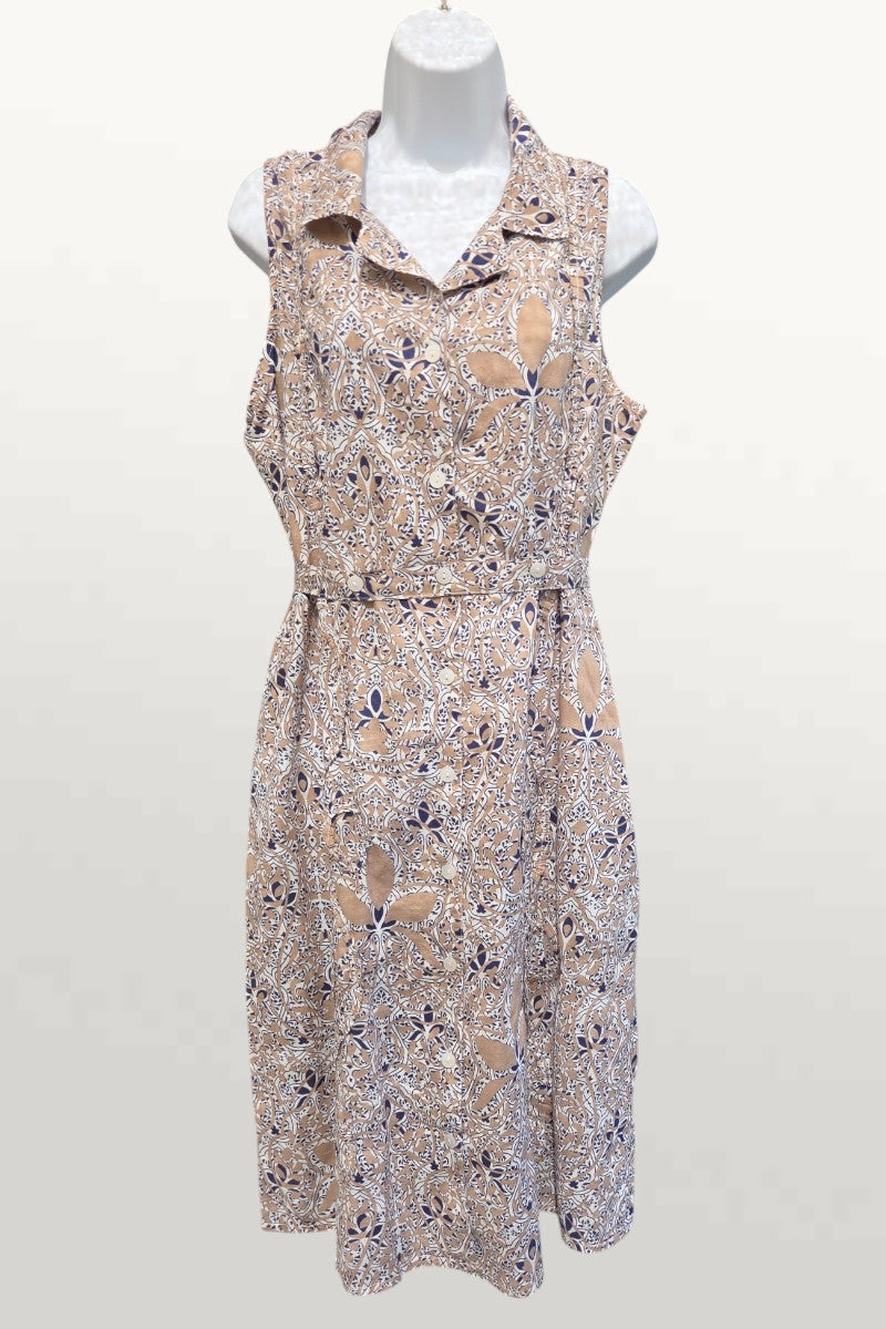 Light Cotton Summer Dress - tan/navy print
