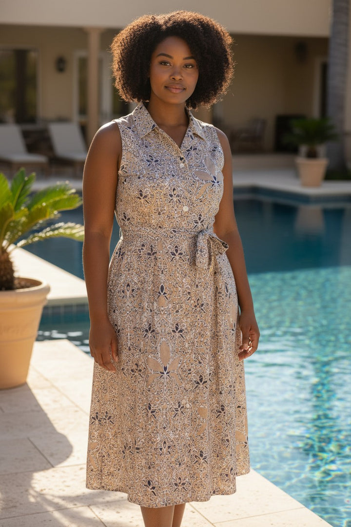 Light Cotton Summer Dress - tan/navy print