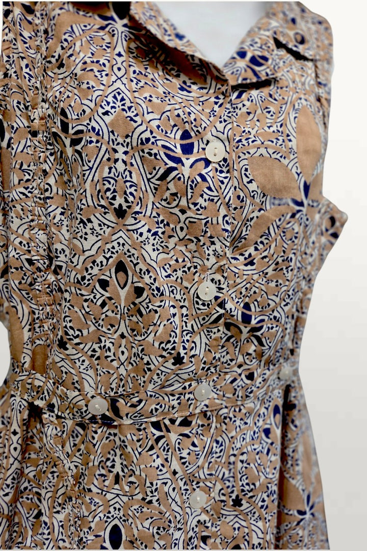 Light Cotton Summer Dress - tan/navy print