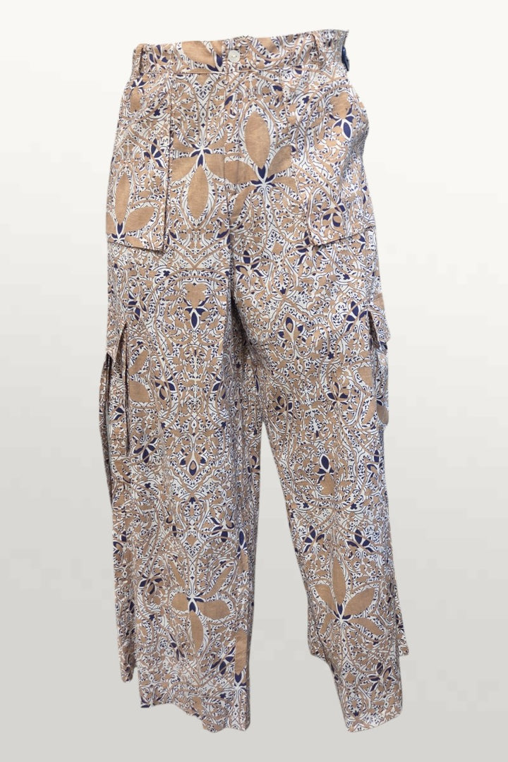 Light Cotton Summer Pants - tan/navy print