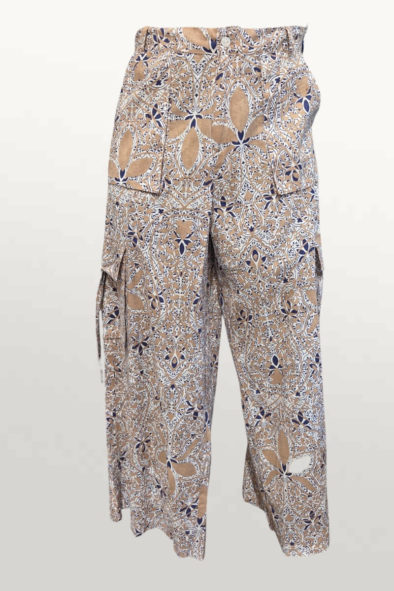 Light Cotton Summer Pants - tan/navy print