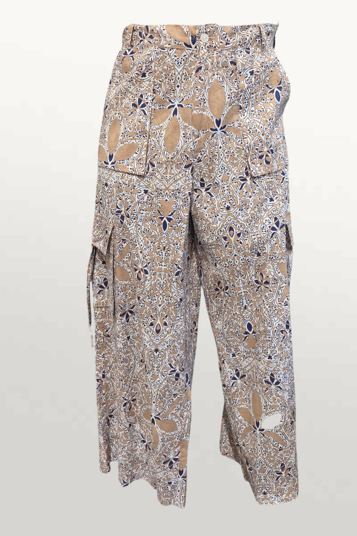 Light Cotton Summer Pants - tan/navy print