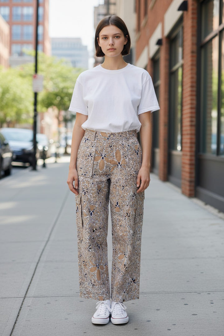 Light Cotton Summer Pants - tan/navy print