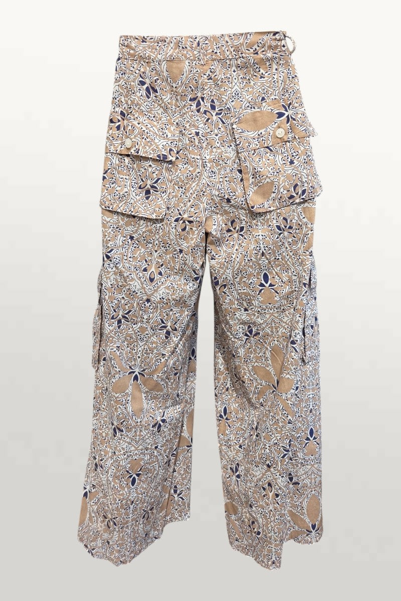 Light Cotton Summer Pants - tan/navy print