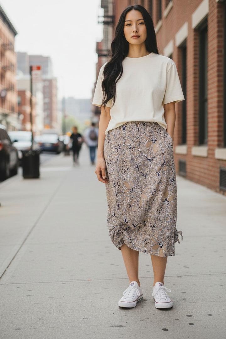 Light Cotton Summer Skirt - tan/navy print