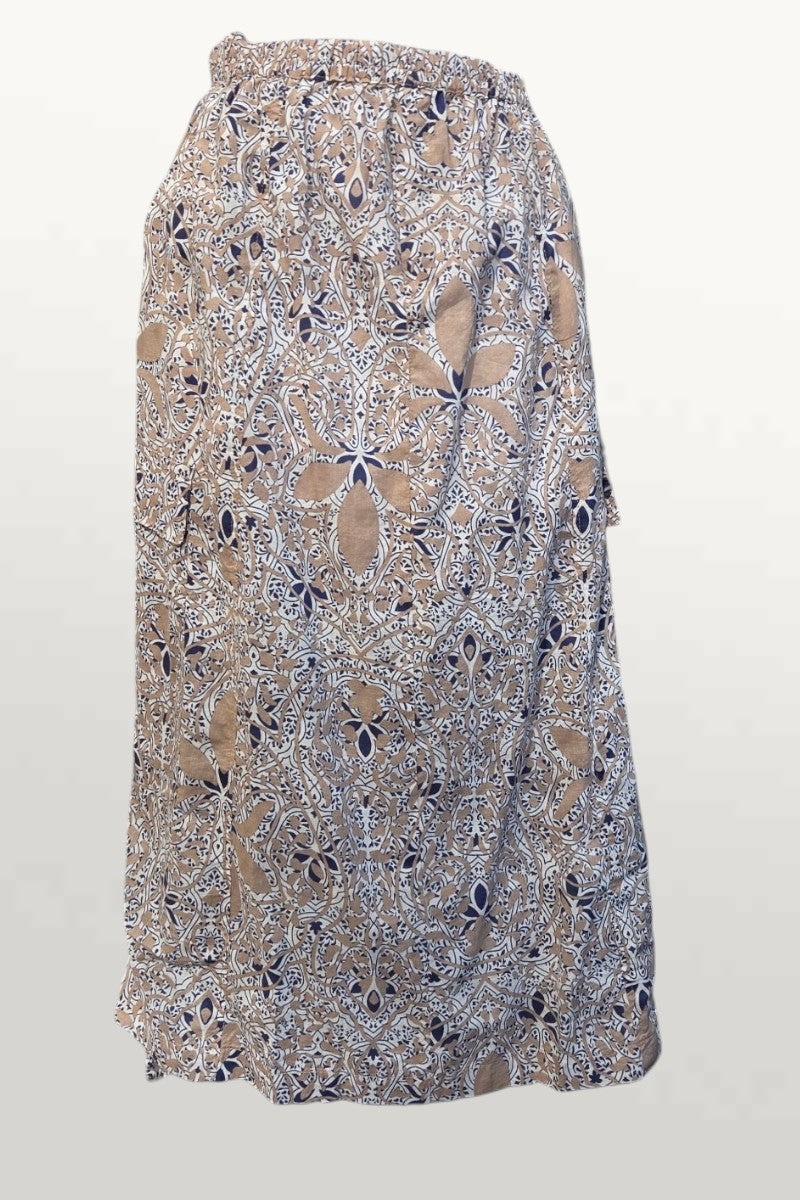 Light Cotton Summer Skirt - tan/navy print