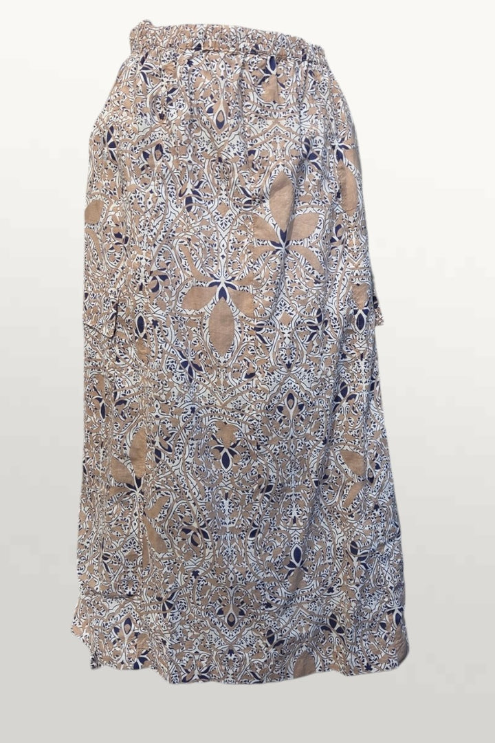 Light Cotton Summer Skirt - tan/navy print