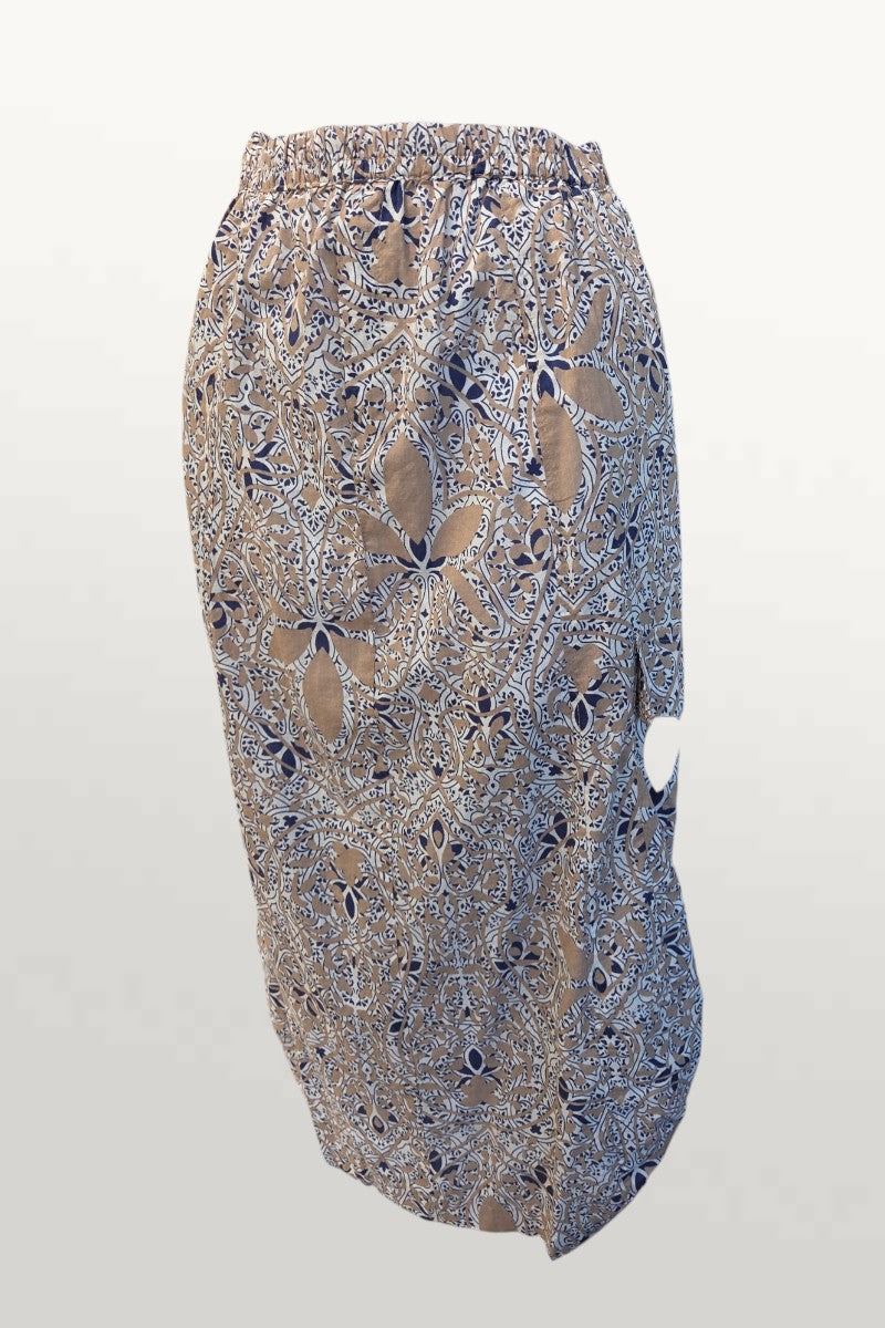 Light Cotton Summer Skirt - tan/navy print