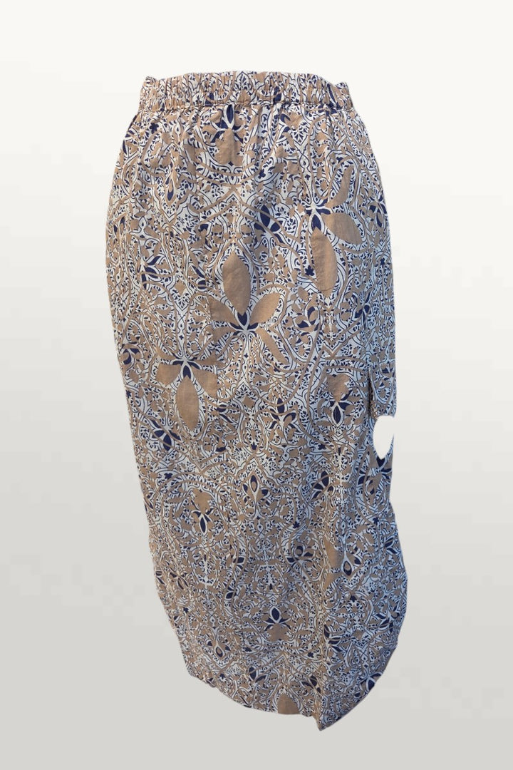 Light Cotton Summer Skirt - tan/navy print