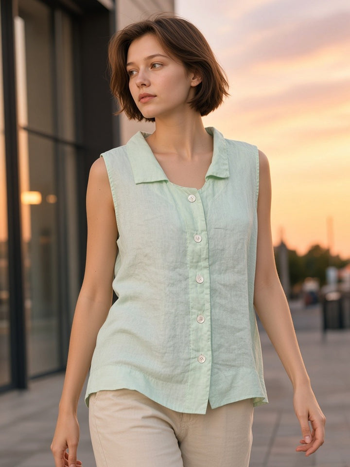 Linen Sleeveless Blouse with Collar