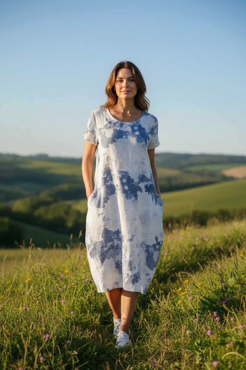 Italian Linen Dress Short Sleeve - Watercolor - Natural Clothing Company