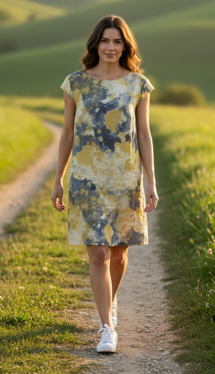 Italian Linen Dress Short Sleeve - Watercolor - Natural Clothing Company