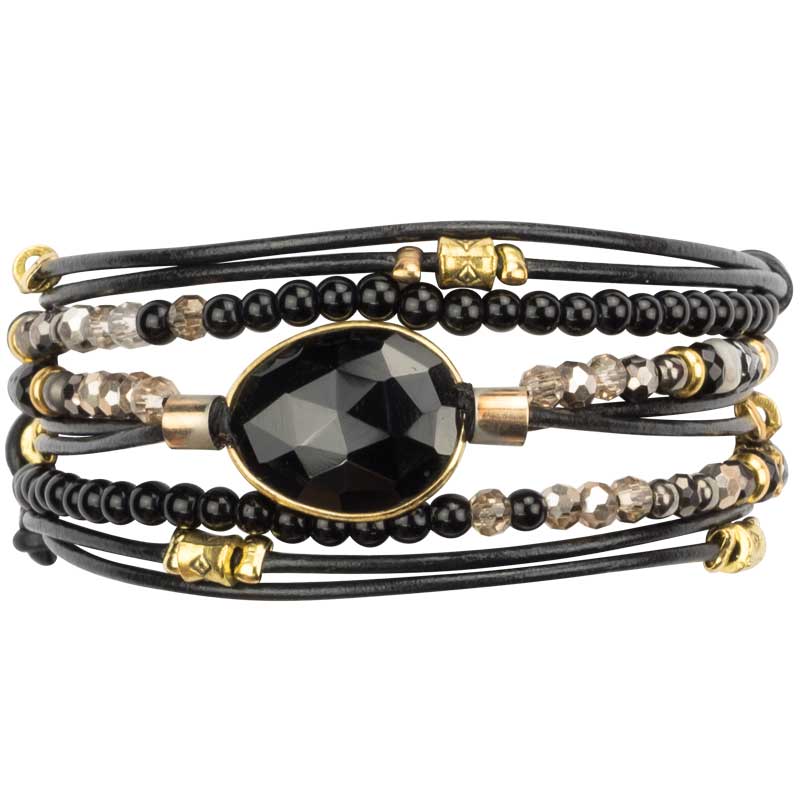 Marquet Jewelry Onyx Beaded Wrap Bracelet Leather Stone - Vivian