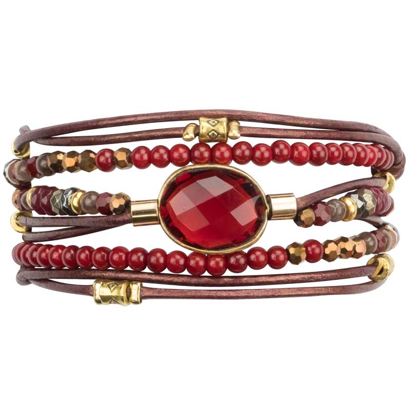 Marquet Jewelry Ruby Beaded Wrap Bracelet Leather Stone - Vivian