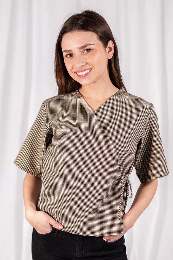 Mata Traders Women&#39;s Short Sleeve Top Brown / S Houndstooth Cotton Top - Winona